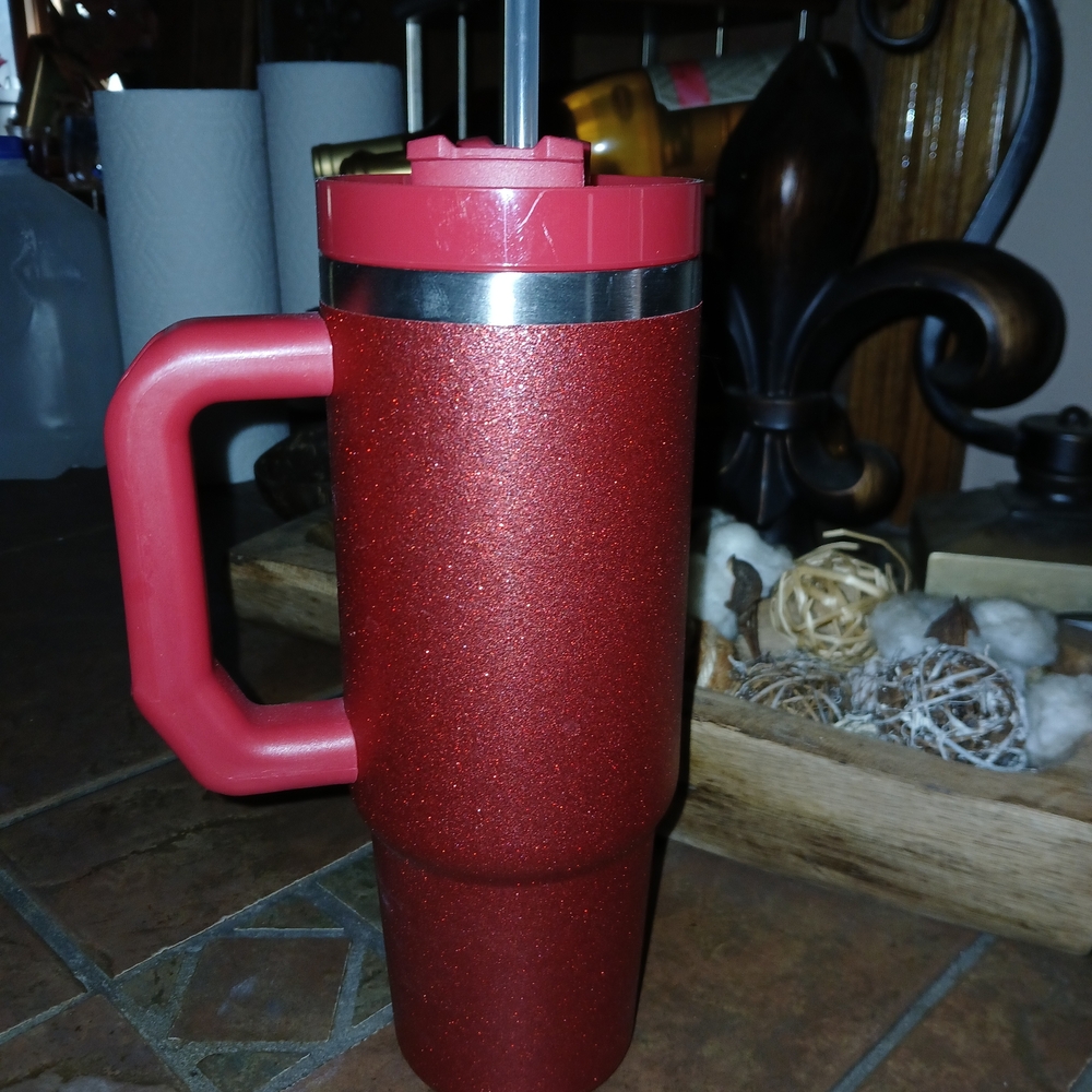 NWOT Red Glitter Stainless Steel 40Oz Insulated Travel Tumbler with Handle/Straw